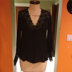 V-Neck Haute Hippie black silk and lace blouse
